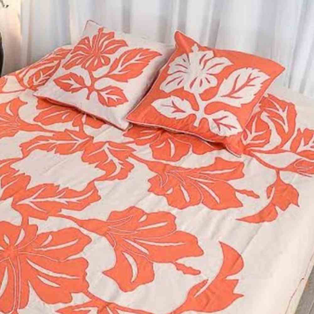 Applique Bedsheet – Off-White Base with Orange Applique Work